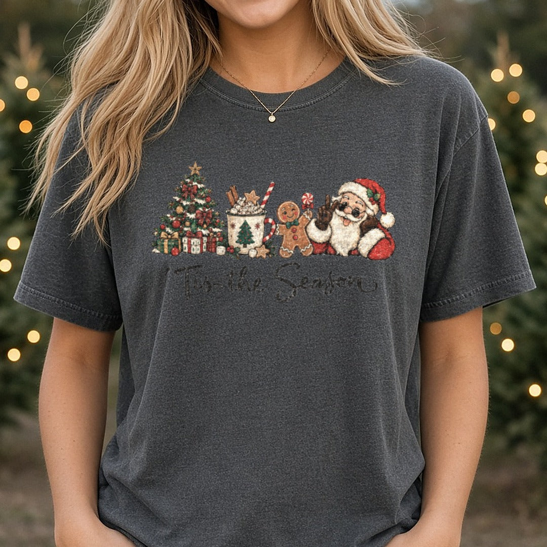 Tis The Season Santa Gingerbread Cocoa Christmas Tree DTF transfer shown on a Comfort Colors tee