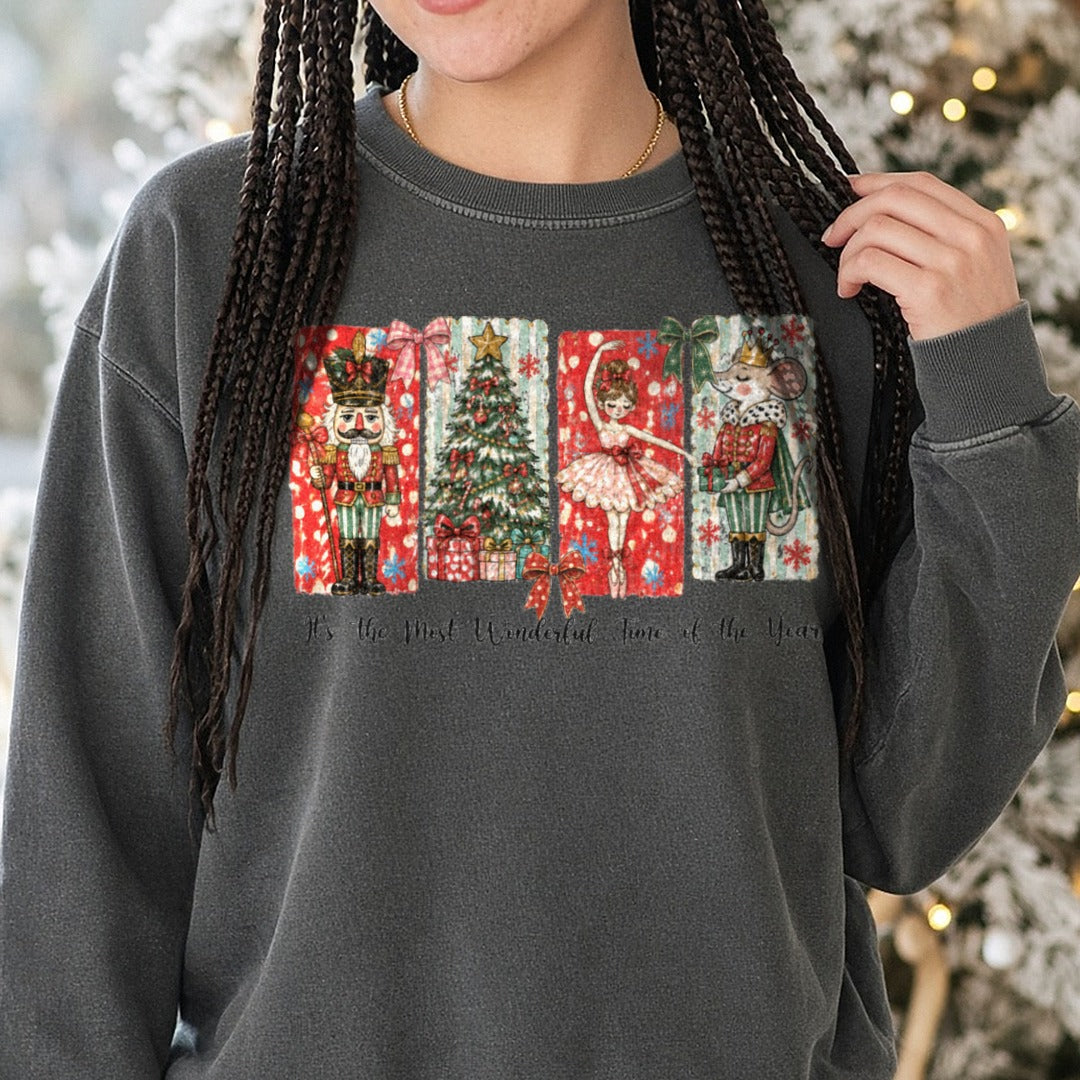 It's The Most Wonderful Time Of The Year Nutcracker DTF transfer shown on a Comfort Colors sweatshirt