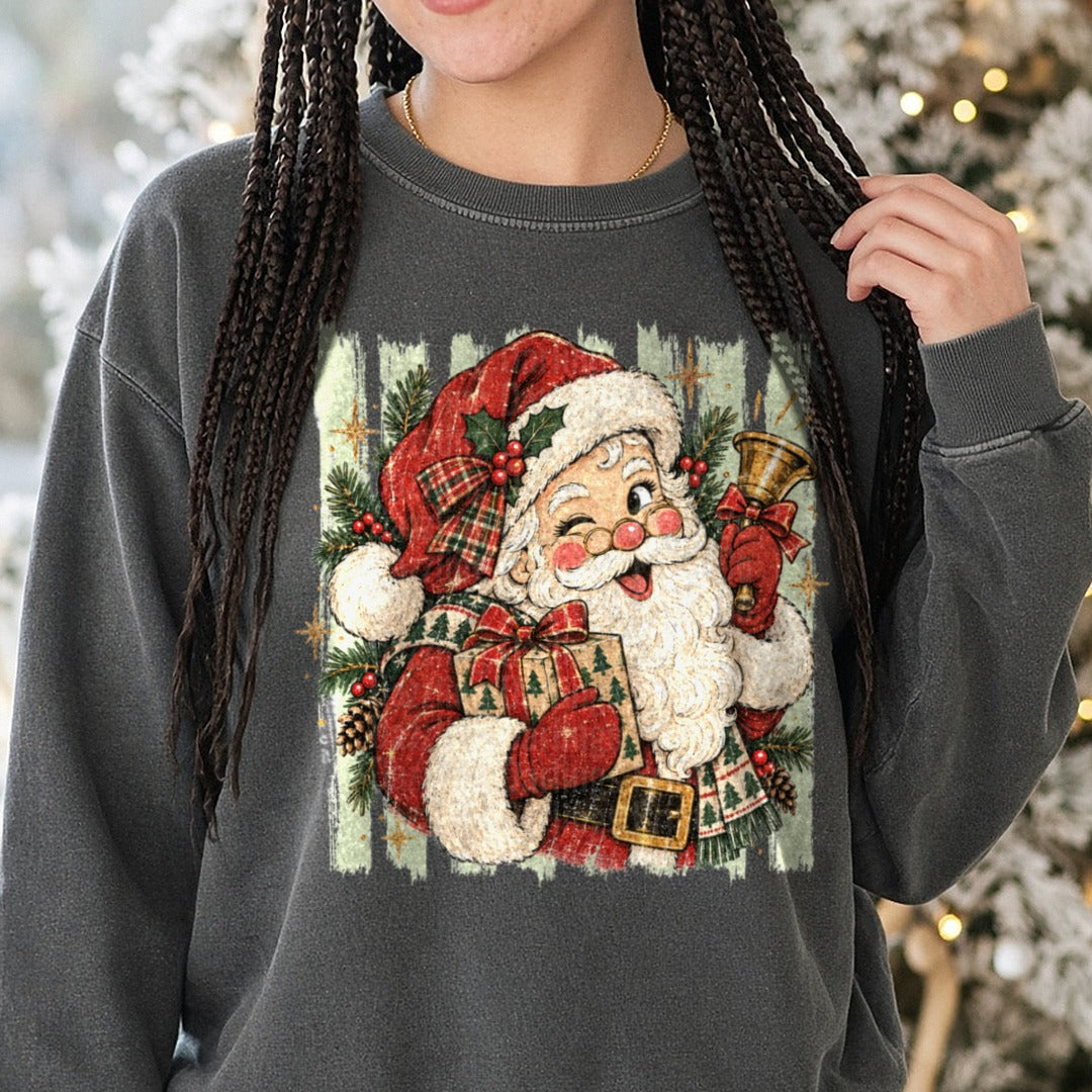 Striped Santa Claus DTF transfer shown on a Comfort Colors sweatshirt