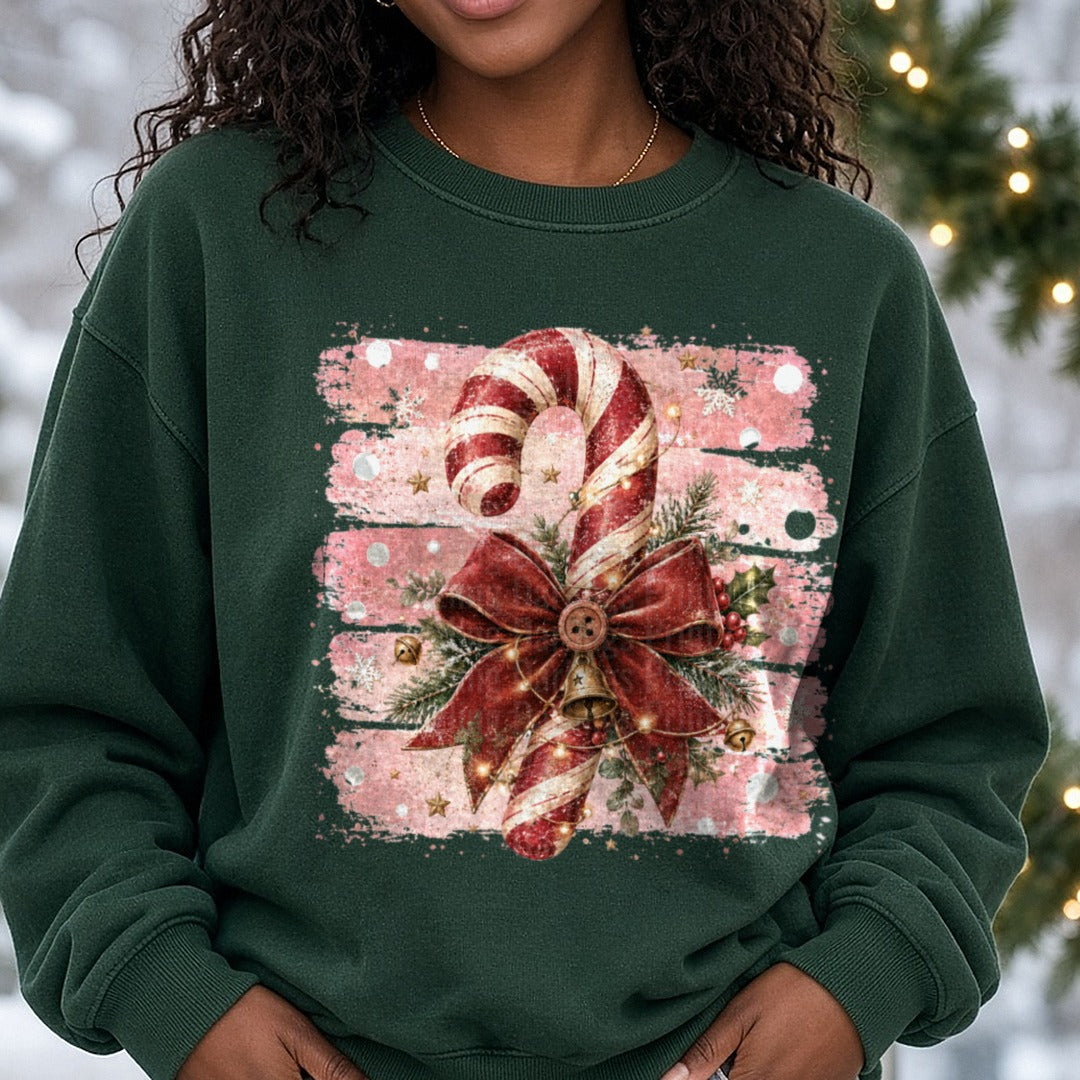 Striped Candy Cane DTF transfer shown on a Comfort Colors sweatshirt