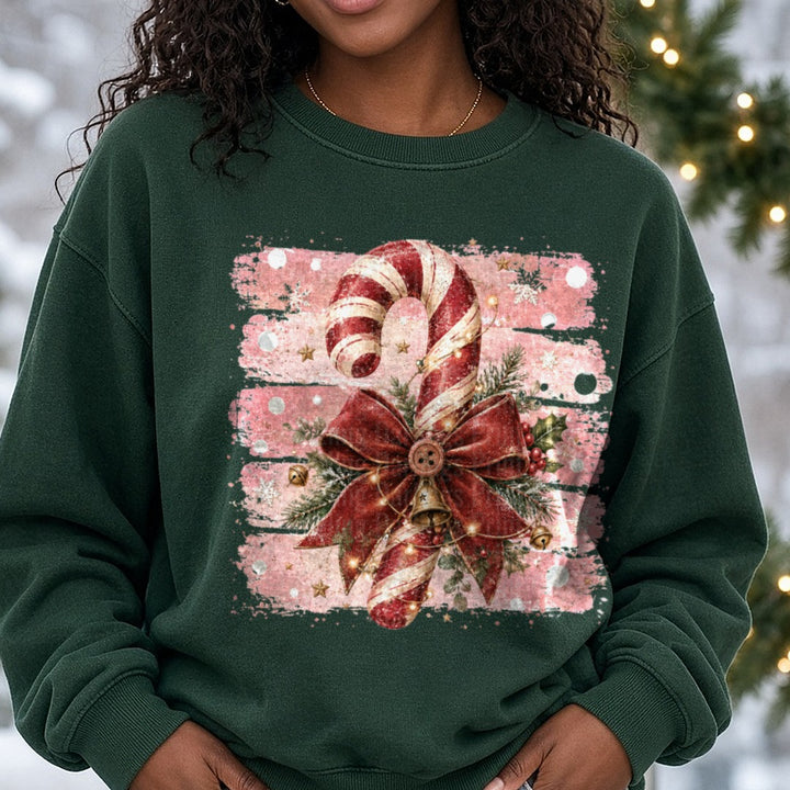 Striped Candy Cane DTF transfer shown on a Comfort Colors sweatshirt