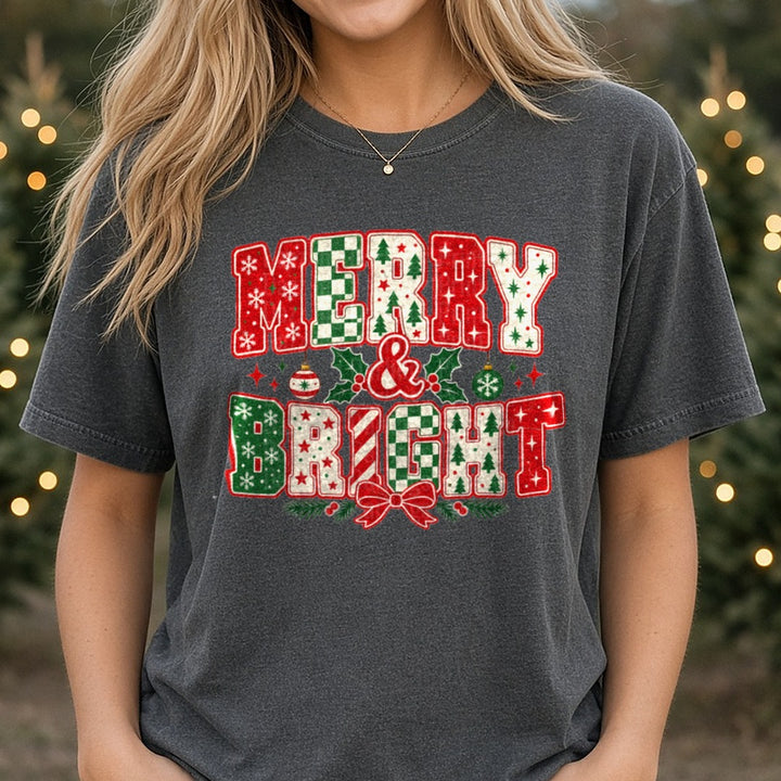 Merry & Bright DTF transfer shown on a Comfort Colors tee