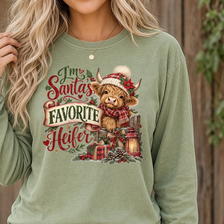 I'm Santas Favorite Heifer DTF transfer shown on a Comfort Colors long sleeve tee
