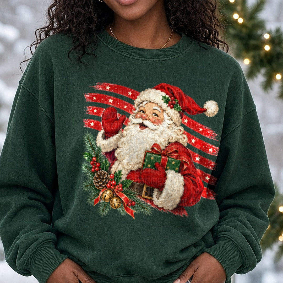Red Striped Santa DTF transfer shown on a Comfort Colors sweatshirt