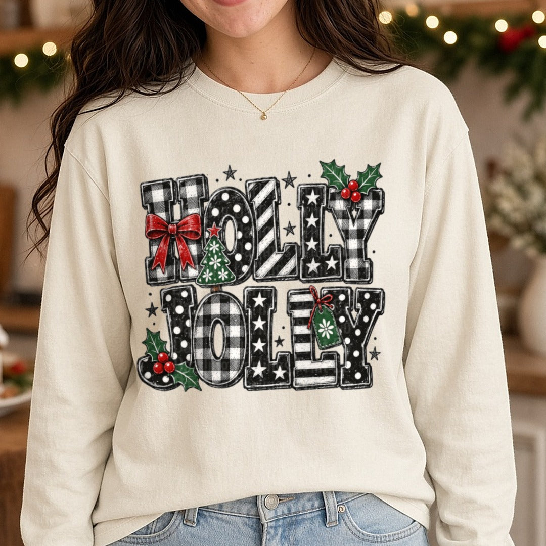 Ho Ho Ho Plaid Holly Jolly DTF transfer shown on a Comfort Colors long sleeve tee