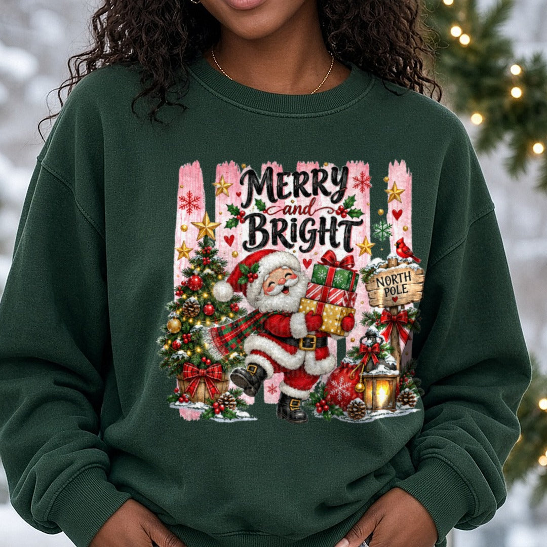 Striped Merry & Bright DTF transfer shown on a Comfort Colors sweatshirt