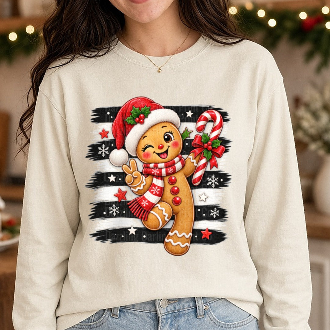 Striped Gingerbread Man DTF transfer shown on a Comfort Colors long sleeve tee
