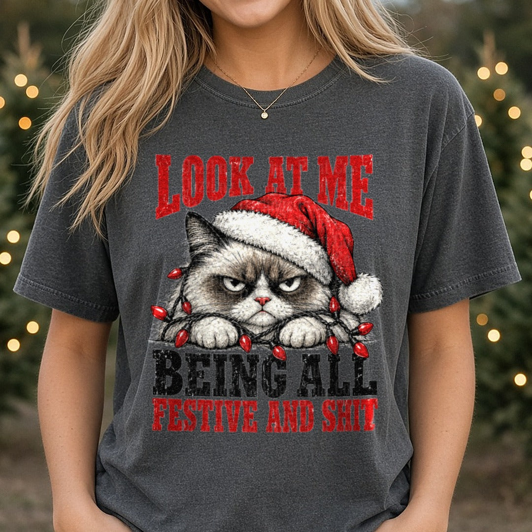 Grumpy Cat Christmas DTF transfer shown on a Comfort Colors tee