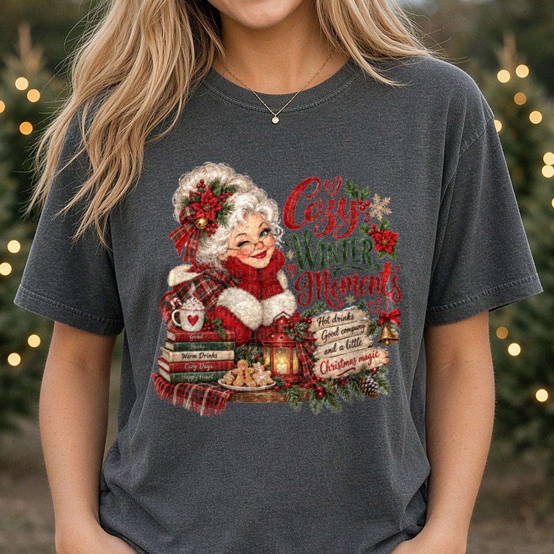 Cozy Winter Moments DTF transfer shown on a Comfort Colors tee