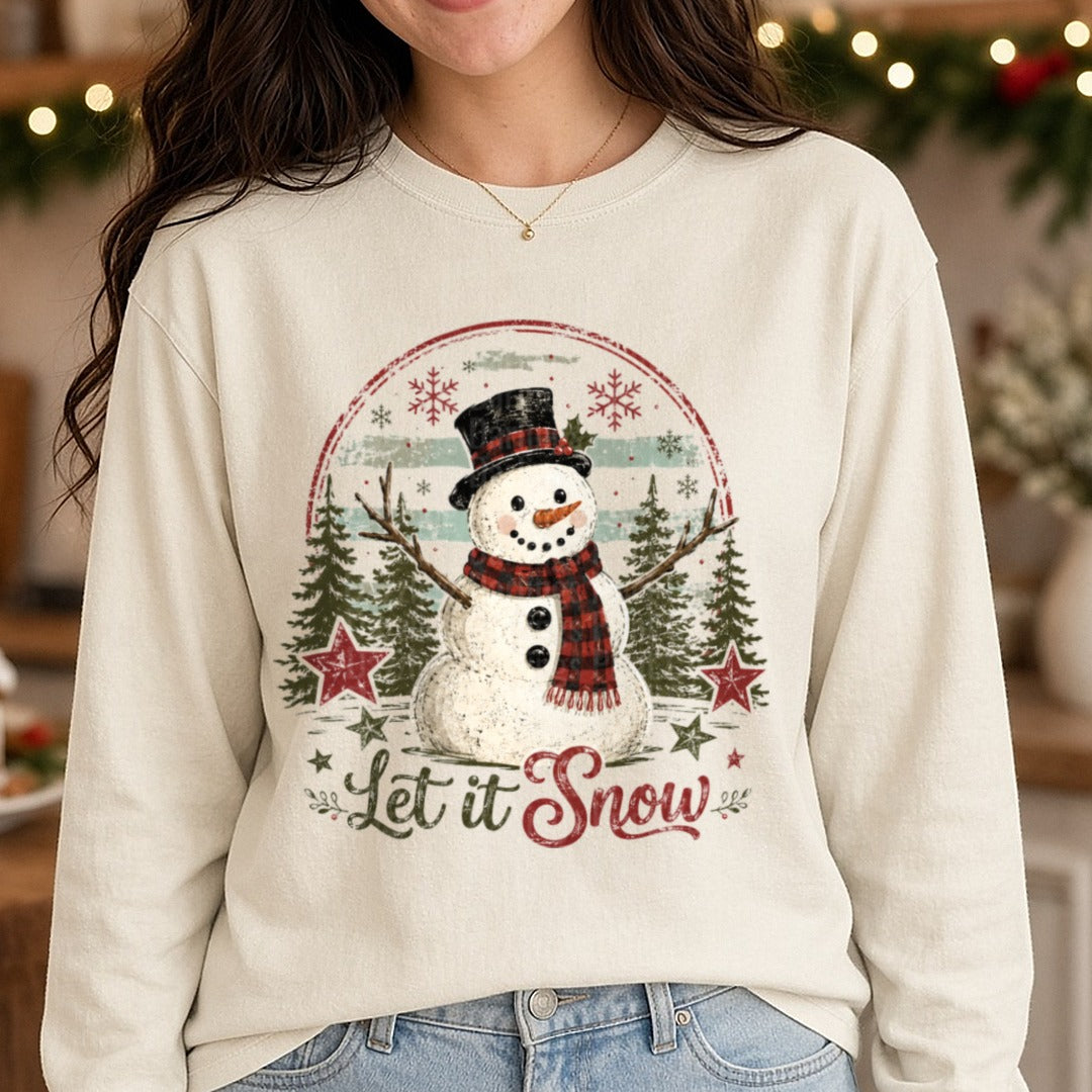 Let it Snow DTF transfer shown on a Comfort Colors long sleeve tee