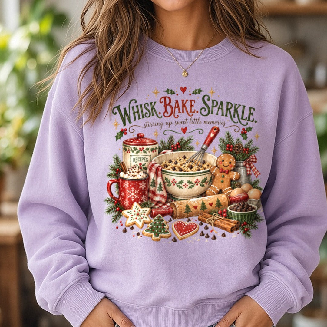 Whisk. Bake. Sparkle DTF transfer shown on a Comfort Colors sweatshirt