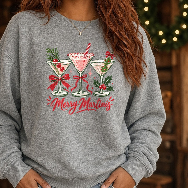 Merry Martinis DTF transfer shown on a Comfort Colors sweatshirt