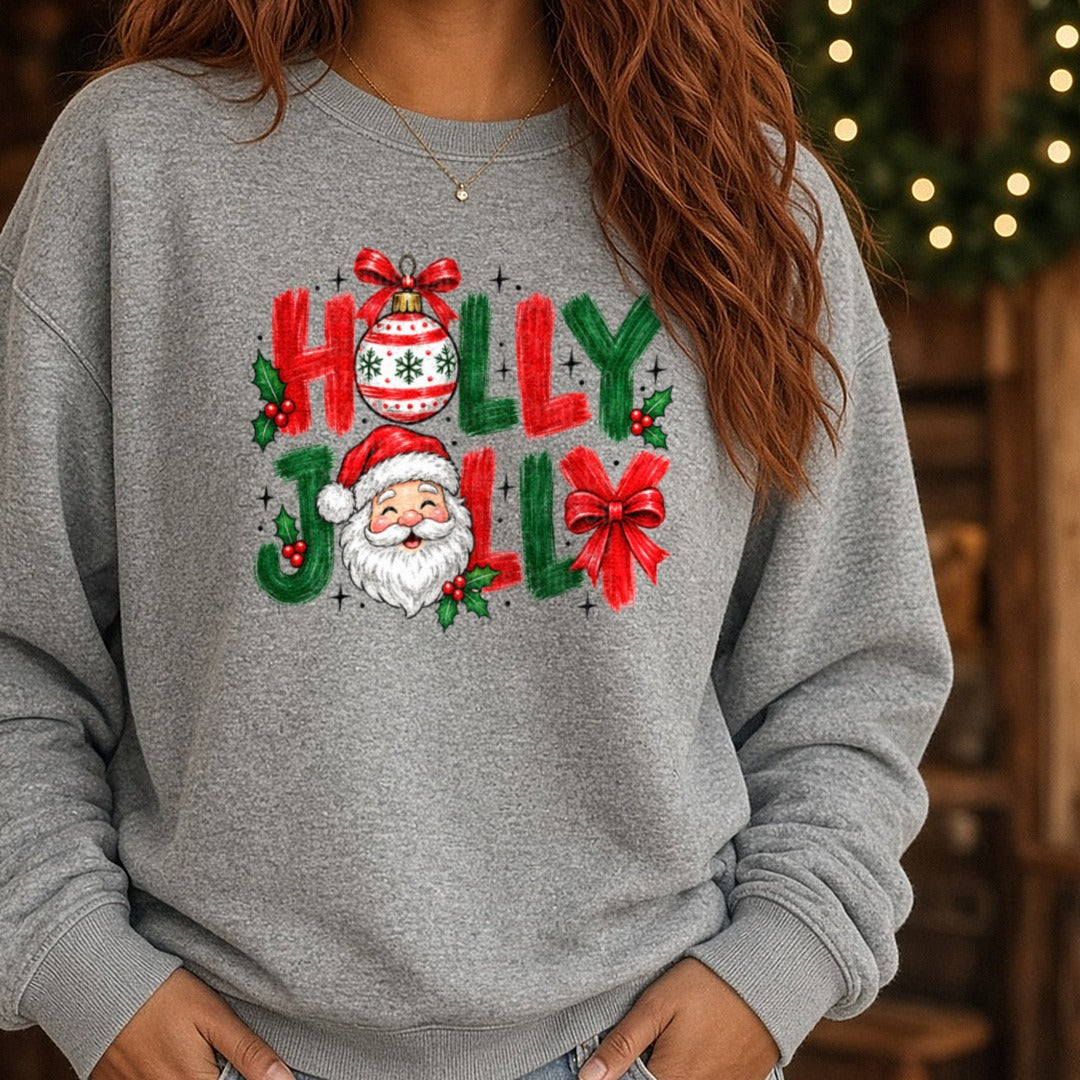 Holly Jolly Santa Ornament DTF transfer shown on a Comfort Colors sweatshirt