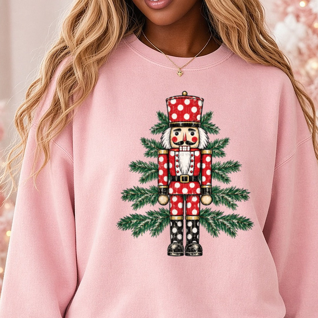 Polka Dot Nutcracker DTF transfer shown on a Comfort Colors sweatshirt