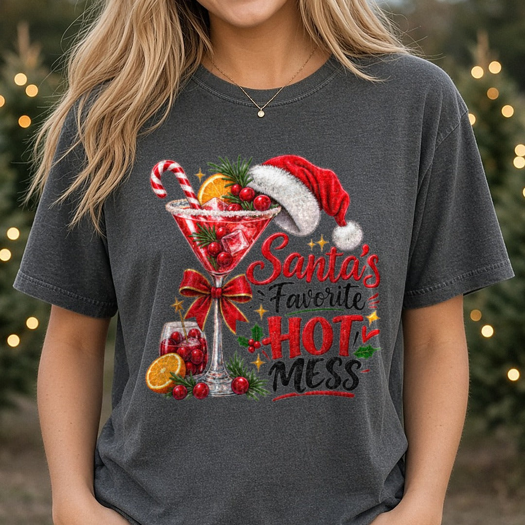 Santa's Favorite Hot Mess DTF transfer shown on a Comfort Colors tee