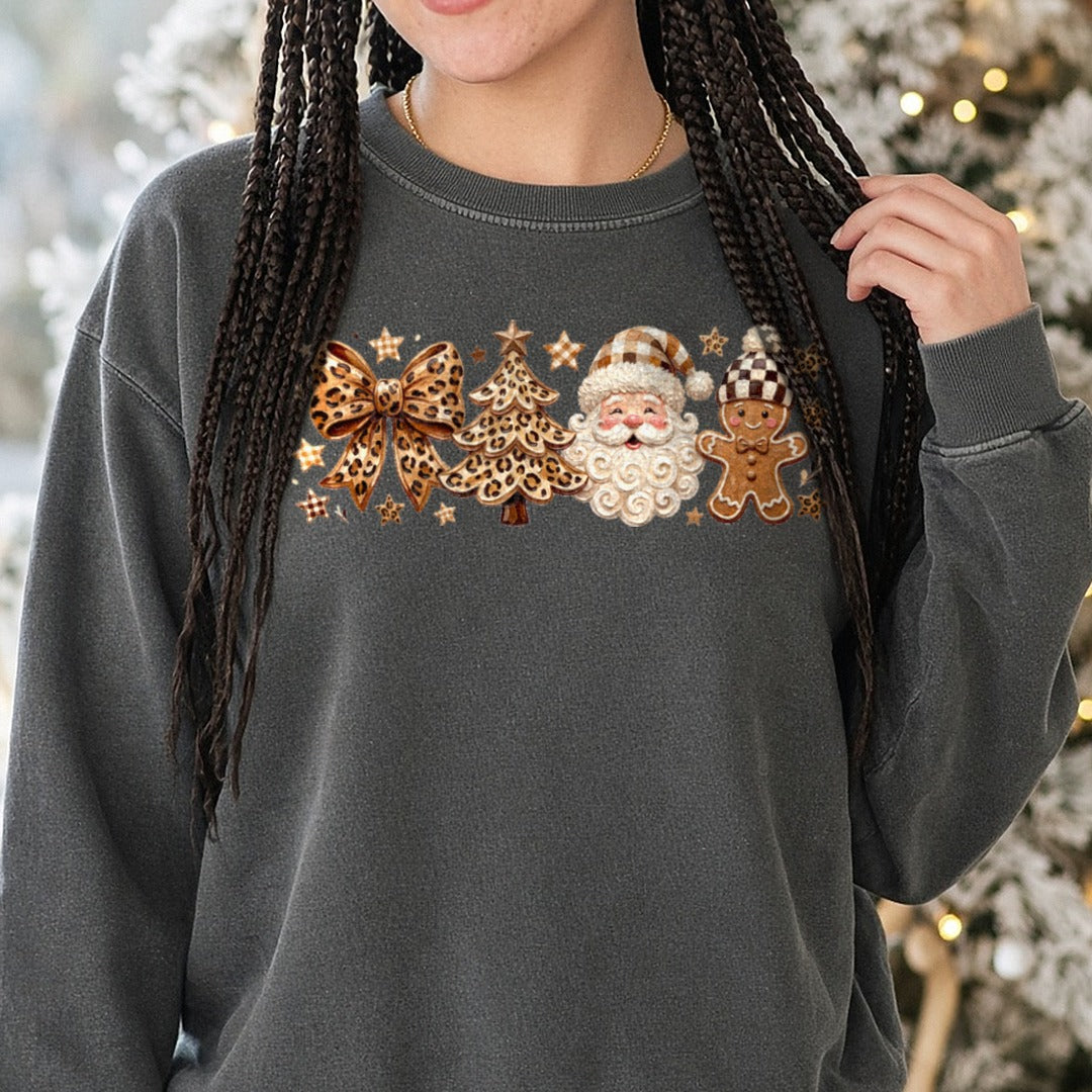 Leopard Christmas DTF transfer shown on a Comfort Colors sweatshirt