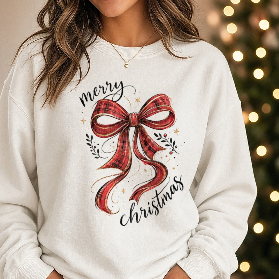Merry Christmas Bow DTF transfer shown on a Comfort Colors sweatshirt