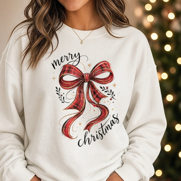 Merry Christmas Bow DTF transfer shown on a Comfort Colors sweatshirt