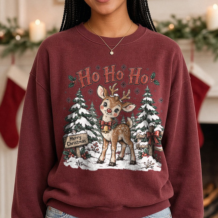 Ho Ho Ho Reindeer DTF transfer shown on a Comfort Colors sweatshirt
