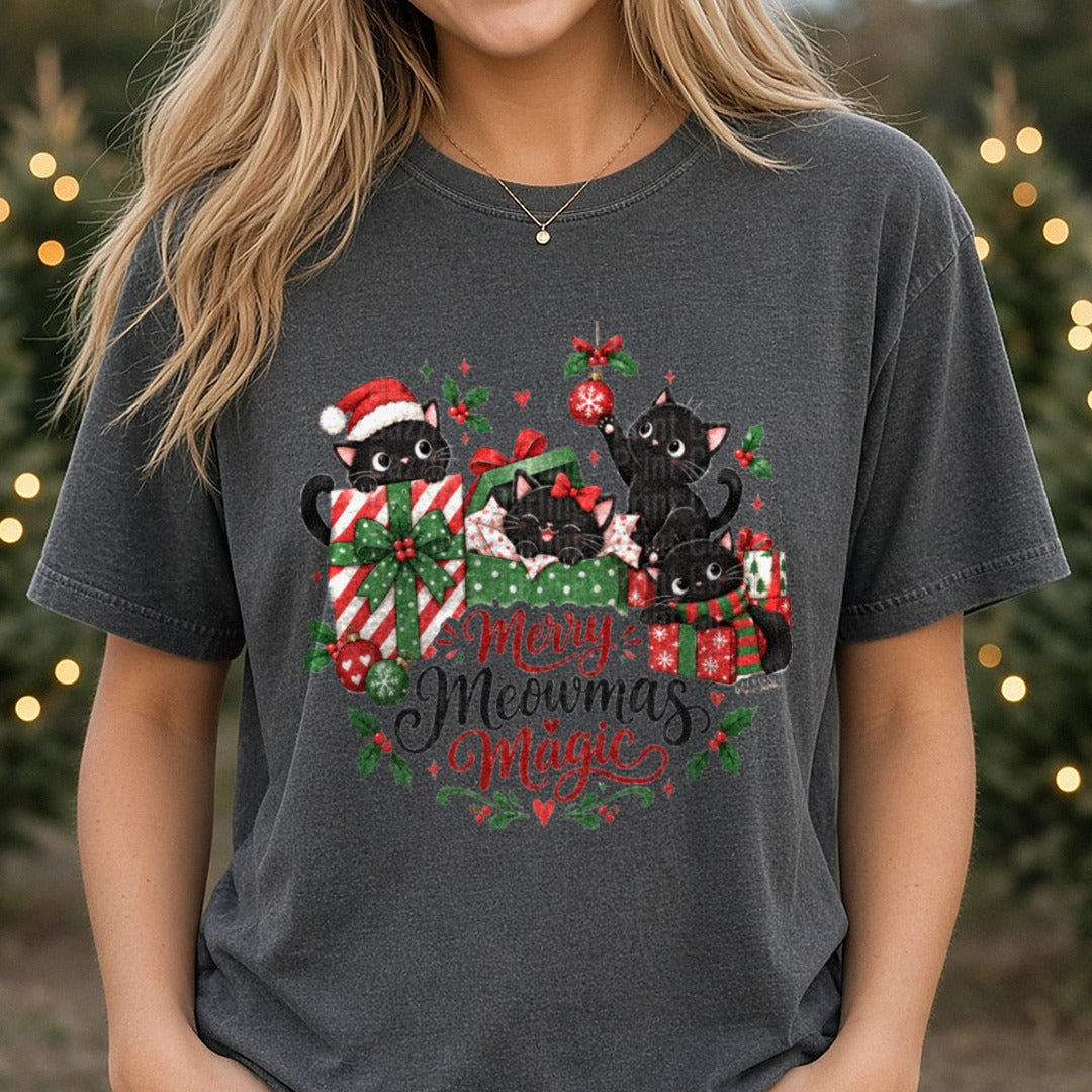 Merry Meowmas Magic DTF transfer shown on a Comfort Colors tee