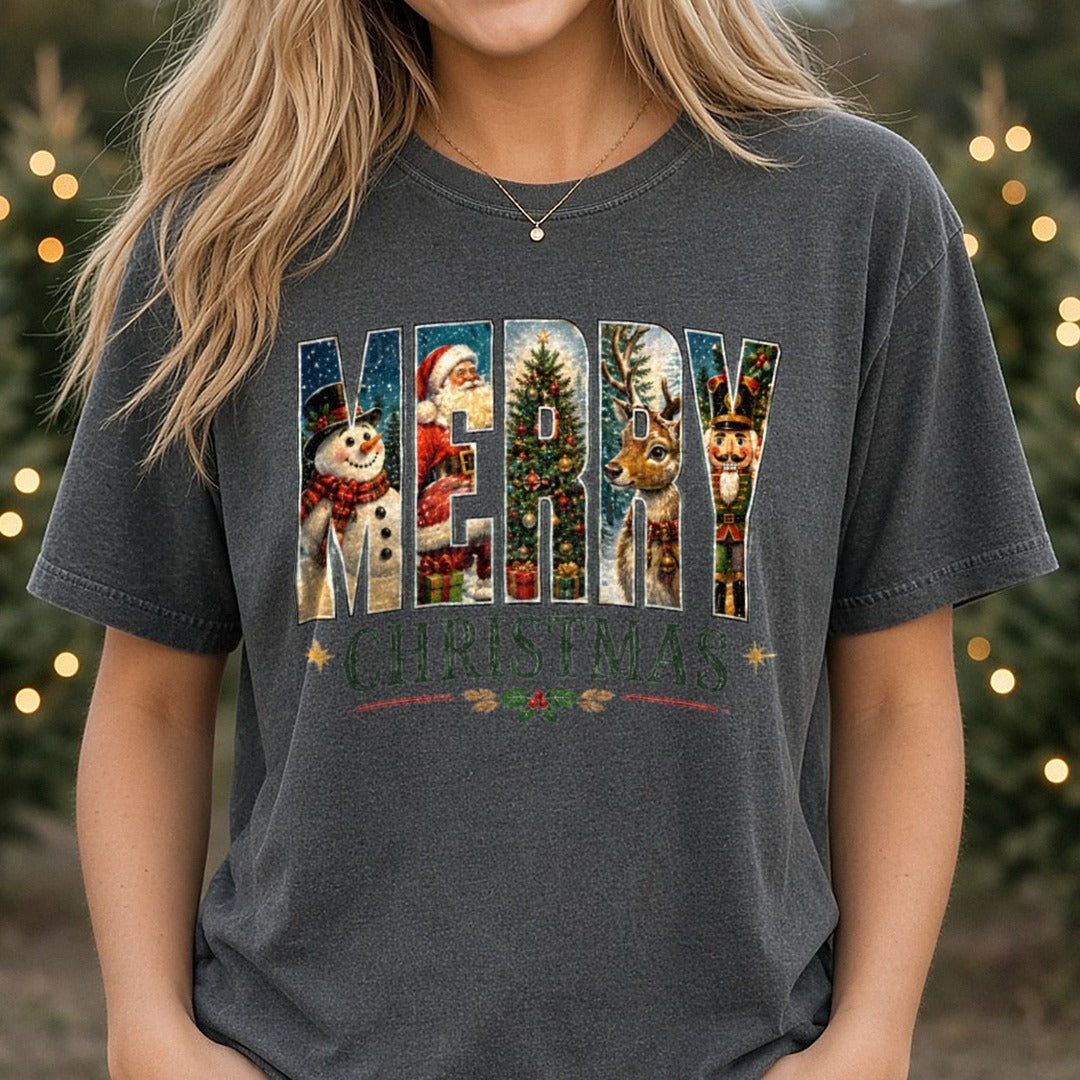 Merry Christmas Snowman, Santa,Tree DTF transfer shown on a Comfort Colors tee
