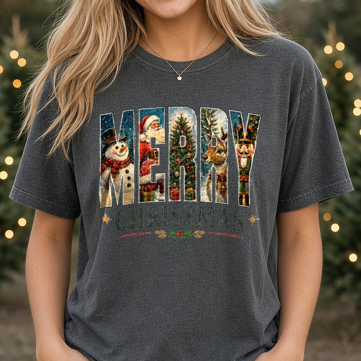 Merry Christmas Snowman, Santa,Tree DTF transfer shown on a Comfort Colors tee