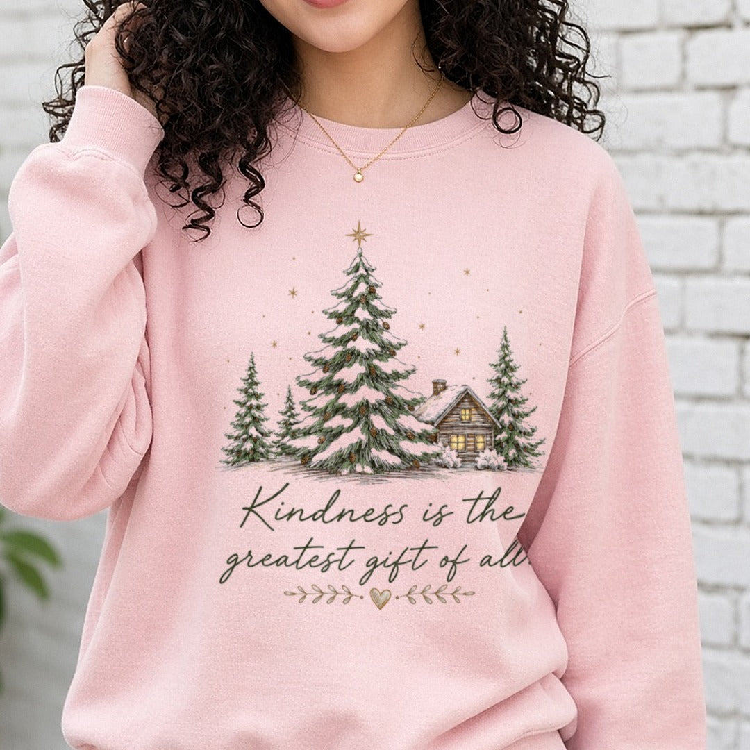 Kindness Is The Greatest Gift of All DTF transfer shown on a Comfort Colors sweatshirt