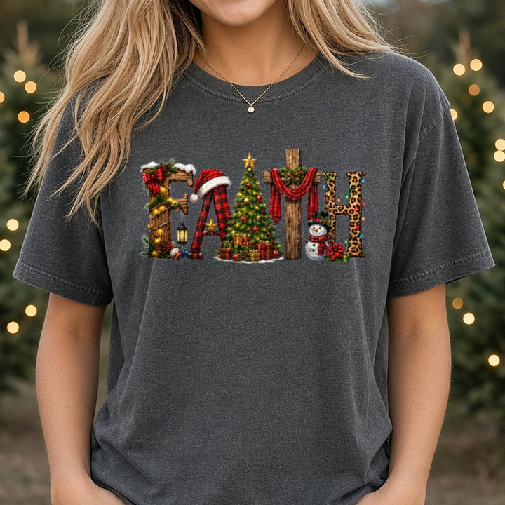 Faith Christmas DTF transfer shown on a Comfort Colors tee