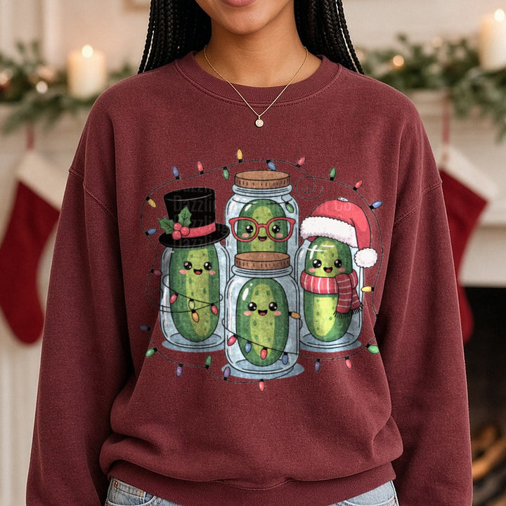 Funny Christmas Pickle DTF transfer shown on a Comfort Colors sweatshirt