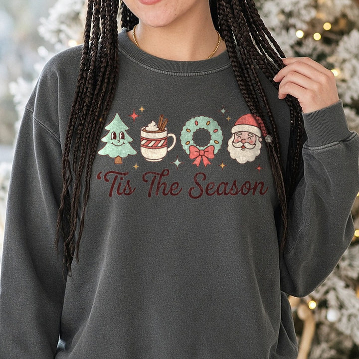 Retro Tis The Season DTF transfer shown on a Comfort Colors sweatshirt