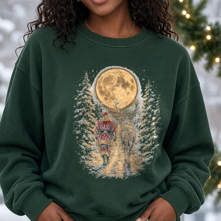 Santa and Reindeer Walking DTF transfer shown on a Comfort Colors sweatshirt