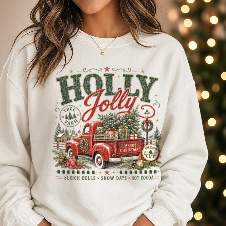 Holly Jolly Red Truck DTF transfer shown on a Comfort Colors sweatshirt