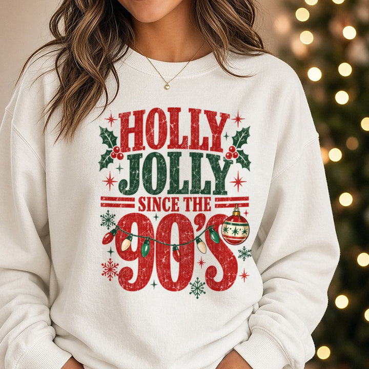 Holly Jolly Since The 90's DTF transfer shown on a Comfort Colors sweatshirt