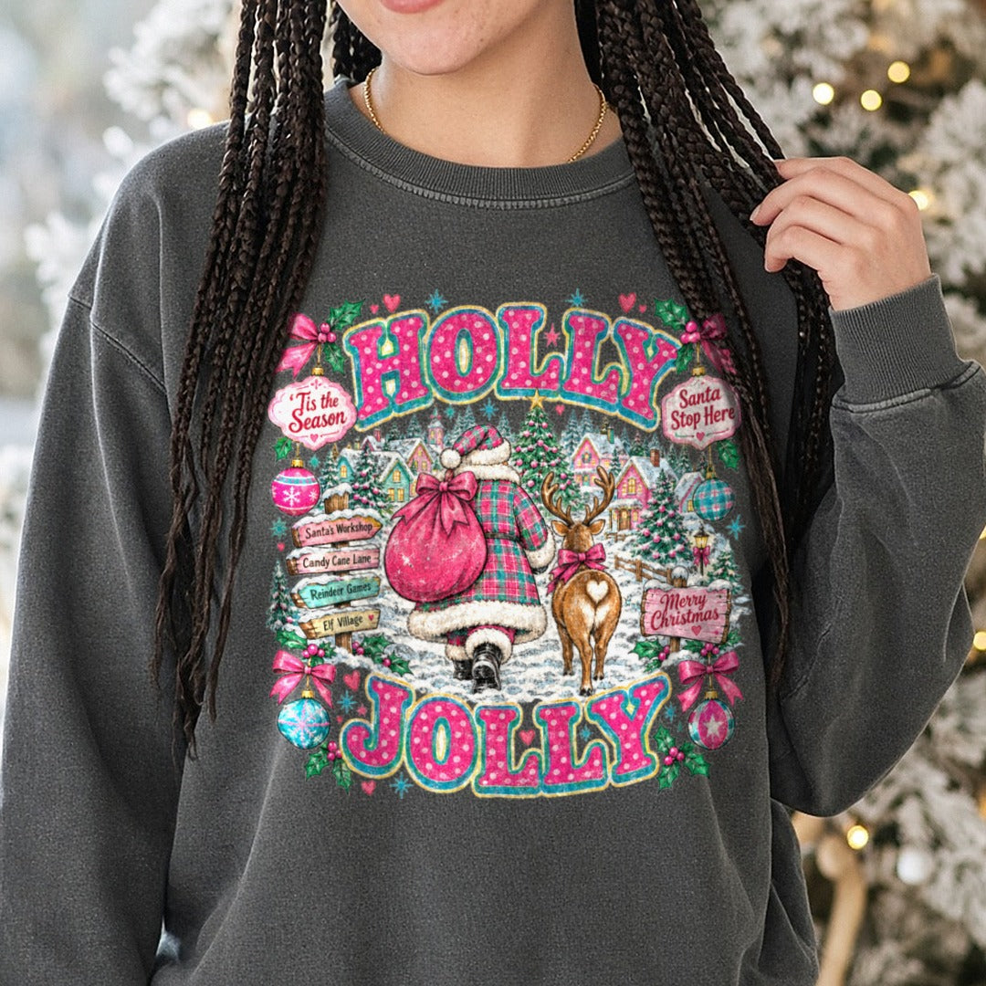 Pink Holly Jolly Christmas DTF transfer shown on a Comfort Colors sweatshirt
