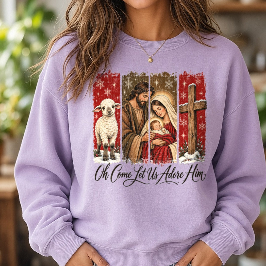Oh Come Let Us Adore Him Vintage Nativity Lamb Cross Panels DTF transfer shown on a Comfort Colors sweatshirt