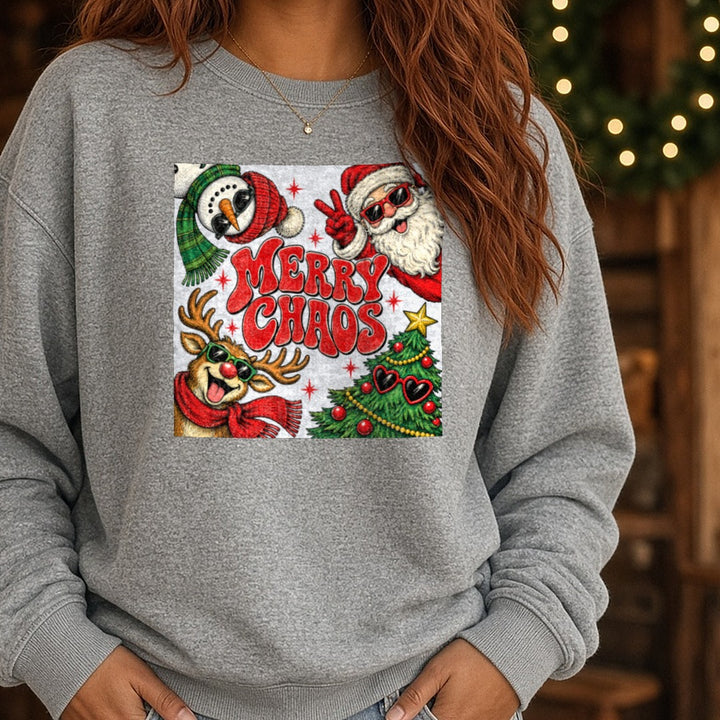 Merry Chaos Christmas DTF transfer shown on a Comfort Colors sweatshirt