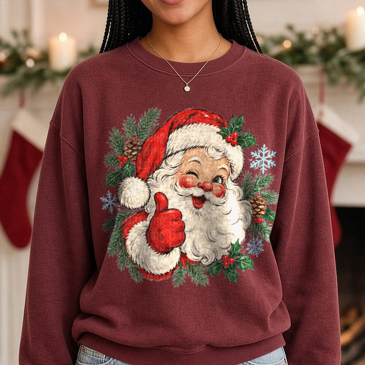 Santa Face Snowflake DTF transfer shown on a Comfort Colors sweatshirt