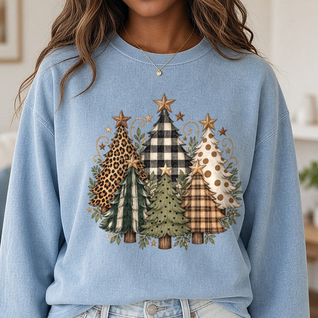 Leopard and Gingham Trees DTF transfer shown on a Comfort Colors sweatshirt
