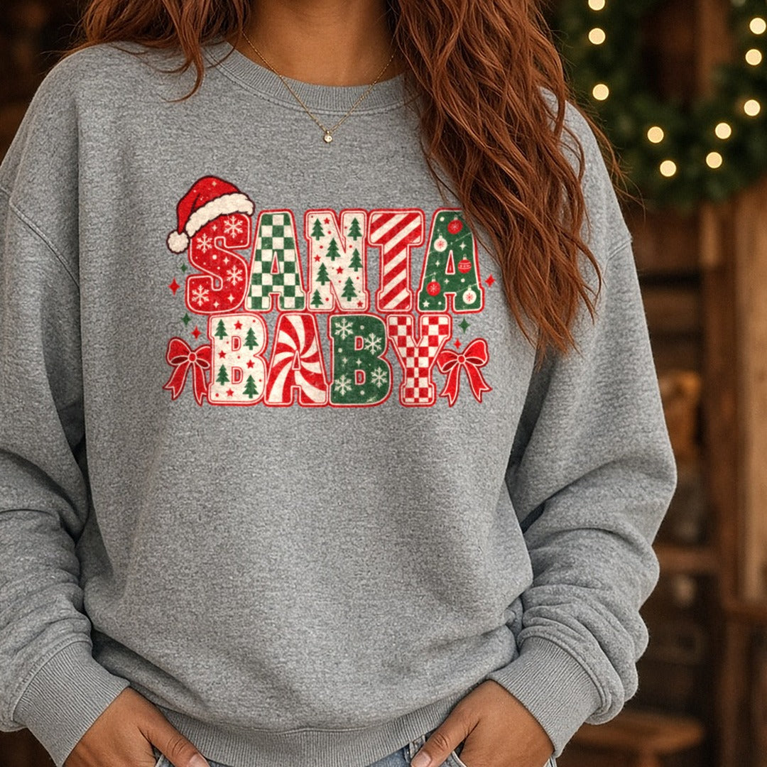 Santa Baby DTF transfer shown on a Comfort Colors sweatshirt