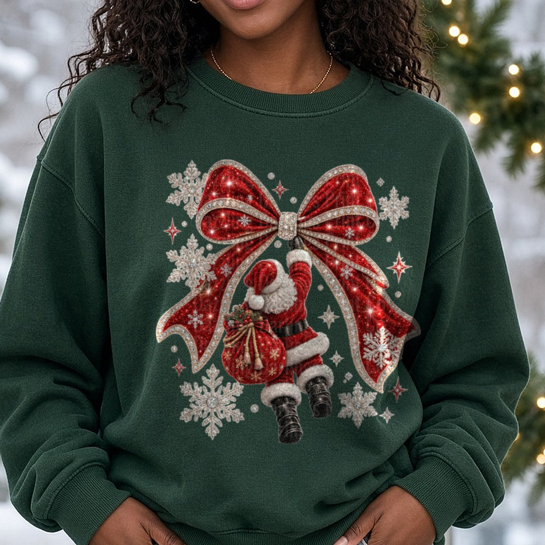 Santa Bow Snowflakes DTF transfer shown on a Comfort Colors sweatshirt