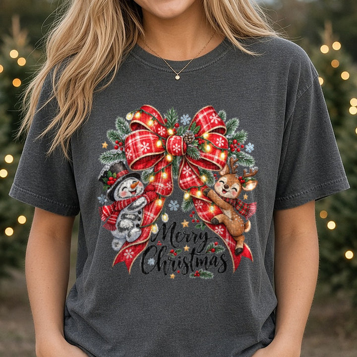 Merry Christmas Snowman and Reindeer DTF transfer shown on a Comfort Colors tee