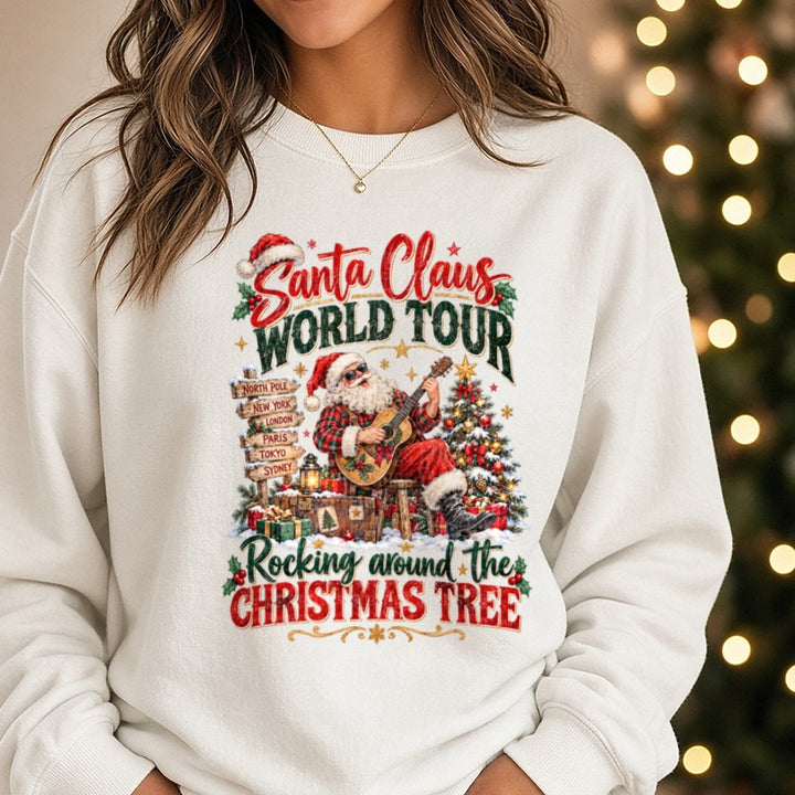Santa Claus World Tour DTF transfer shown on a Comfort Colors sweatshirt