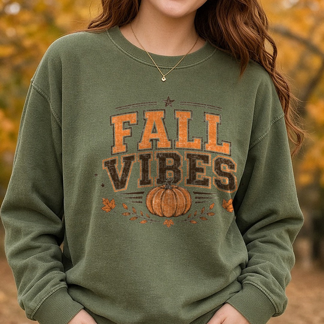 Fall Vibes DTF transfer shown on a Comfort Colors sweatshirt
