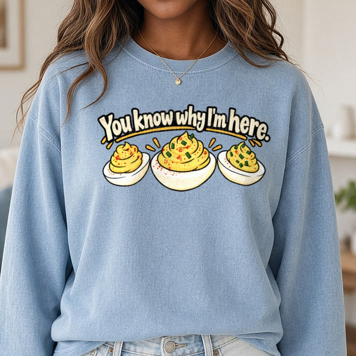You Know Why I'm Here DTF transfer shown on a Comfort Colors sweatshirt