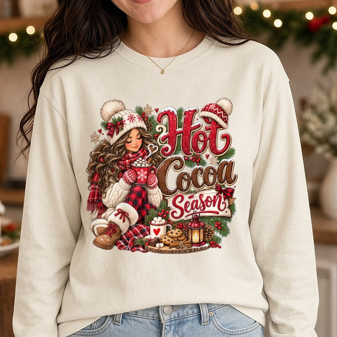 Hot Cocoa Season Winter Girl Knit Hat Cookies DTF transfer shown on a Comfort Colors long sleeve tee