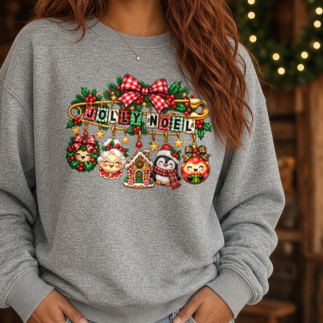 Jolly Noel Beaded Pin DTF transfer shown on a Comfort Colors sweatshirt