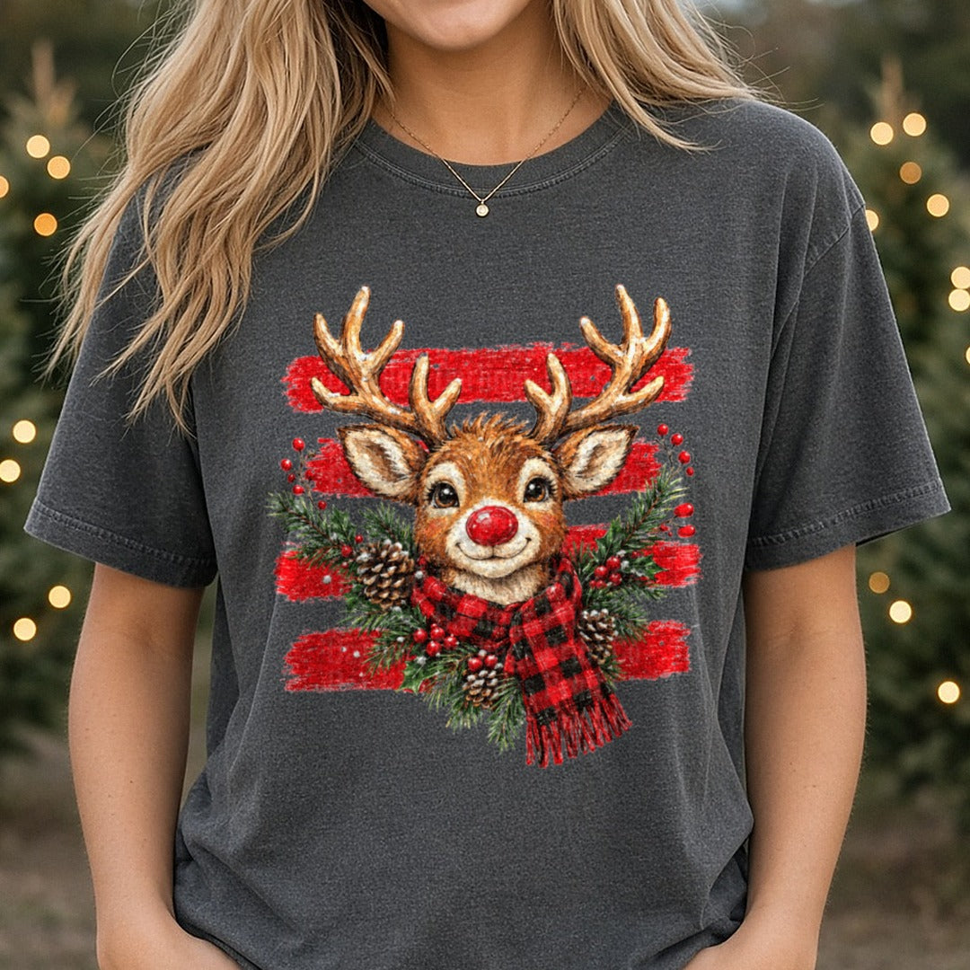 Striped Rudolph DTF transfer shown on a Comfort Colors tee
