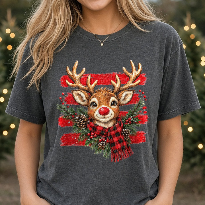 Striped Rudolph DTF transfer shown on a Comfort Colors tee