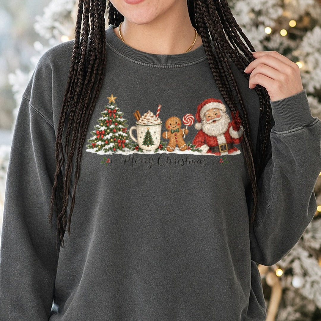 Merry Christmas Color DTF transfer shown on a Comfort Colors sweatshirt