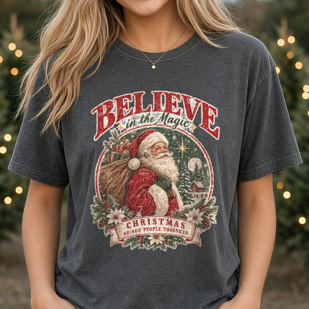 Believe In The Magic Of Christmas Vintage Santa Badge DTF transfer shown on a Comfort Colors tee